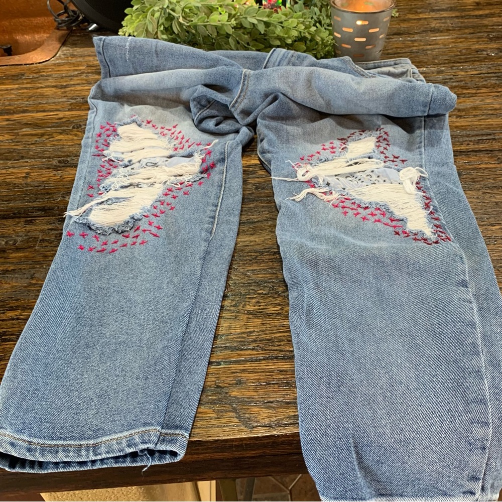 Boho Blue Jeans Distressed Bandana Print Embroidered Embroidery Cotton 17 - Picture 3 of 16
